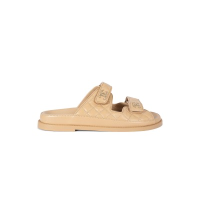 CHANEL LAMBSKIN QUILTED VELCRO DAD CHAIN CC SLIDE SANDALS 